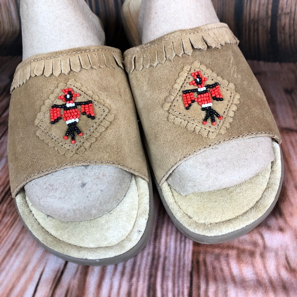 Minnetonka Brown Suede Leather Fringe Beaded Sandals Slides - Picture 5 of 12